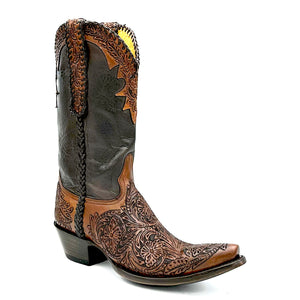 Men's Brown Cowboy Boots Handtooled Floral Pattern on Vamp Collar and Pull-Straps Chocolate Brown Deertan Leather Shaft Brown Handbraided Scallop Side Seams and Pull-Straps 13" Height Elongated Snip Toe 1 1/4" Walking Heel Chocolate Brown Sole