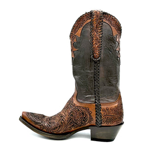 Men's Brown Cowboy Boots Handtooled Floral Pattern on Vamp Collar and Pull-Straps Chocolate Brown Deertan Leather Shaft Brown Handbraided Scallop Side Seams and Pull-Straps 13" Height Elongated Snip Toe 1 1/4" Walking Heel Chocolate Brown Sole