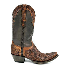 Load image into Gallery viewer, Men's Brown Cowboy Boots Handtooled Floral Pattern on Vamp Collar and Pull-Straps Chocolate Brown Deertan Leather Shaft Brown Handbraided Scallop Side Seams and Pull-Straps 13" Height Elongated Snip Toe 1 1/4" Walking Heel Chocolate Brown Sole