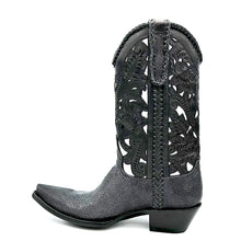 Load image into Gallery viewer, Stingray Western Handtooled in Black is a men&#39;s handmade cowboy boot. Shaved black stingray vamp and heel counter. Handtooled black floral overlay on gunmetal cowhide. Black leather braiding on collar, side seams and pull straps. Stingray overlay on pull straps. Black leather lining. 12&quot; height. 1 1/2&quot; heel. Black leather sole.
