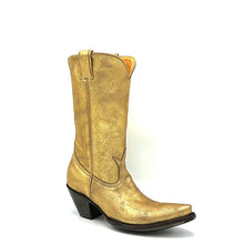 Load image into Gallery viewer, Women&#39;s Washed Gold Cowboy Boots with Gold Vintage Pattern Stitch on Shaft and Gold Classic Western Toe Medallion 12&quot; Height Pointed Toe 2 1/2&quot; Heel Distressed Brown and Gold Sole 

