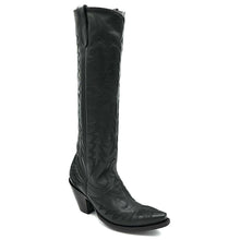 Load image into Gallery viewer, Women's Black Fashion Cowboy Boots Fancy Black Western Flame Stitch Pattern on Vamp Heel Counter and Shaft 18" Height Pointy Round Toe 3" Fashion High Heel Black Sole