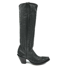 Load image into Gallery viewer, Women's Black Fashion Cowboy Boots Fancy Black Western Flame Stitch Pattern on Vamp Heel Counter and Shaft 18" Height Pointy Round Toe 3" Fashion High Heel Black Sole