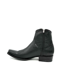Load image into Gallery viewer, Men's handmade black calfskin leather ankle zip cowboy boots. Inside zip. 7" height. Black leather lining. Square toe. 1" heel. Black leather sole.