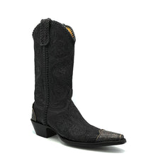 Load image into Gallery viewer, Men's Black Cowboy Boots Handtooled Floral Pattern on Vamp Shaft and Pull-Straps Black Handbraided Collar Side Seams and Pull-Straps Aged Metal Engraved Toe and Heel Counters 13" Height Elongated Snip Toe 1 1/2" Underslung Heel Black Sole