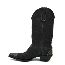 Load image into Gallery viewer, Men's Black Cowboy Boots Handtooled Floral Pattern on Vamp Shaft and Pull-Straps Black Handbraided Collar Side Seams and Pull-Straps Aged Metal Engraved Toe and Heel Counters 13" Height Elongated Snip Toe 1 1/2" Underslung Heel Black Sole