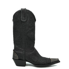 Load image into Gallery viewer, Men's Black Cowboy Boots Handtooled Floral Pattern on Vamp Shaft and Pull-Straps Black Handbraided Collar Side Seams and Pull-Straps Aged Metal Engraved Toe and Heel Counters 13" Height Elongated Snip Toe 1 1/2" Underslung Heel Black Sole
