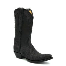 Load image into Gallery viewer, Men's Black Cowboy Boots Handtooled Floral Pattern on Vamp Collar and Pull-Straps Black Deertan Leather Shaft Black Handbraided Scallop Side Seams and Pull-Straps 13" Height Elongated Snip Toe 1 1/4" Walking Heel Black Sole