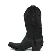 Load image into Gallery viewer, Men's Black Cowboy Boots Handtooled Floral Pattern on Vamp Collar and Pull-Straps Black Deertan Leather Shaft Black Handbraided Scallop Side Seams and Pull-Straps 13" Height Elongated Snip Toe 1 1/4" Walking Heel Black Sole