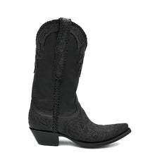 Load image into Gallery viewer, Men's Black Cowboy Boots Handtooled Floral Pattern on Vamp Collar and Pull-Straps Black Deertan Leather Shaft Black Handbraided Scallop Side Seams and Pull-Straps 13" Height Elongated Snip Toe 1 1/4" Walking Heel Black Sole