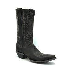 Load image into Gallery viewer, Men's Distressed Black Cowboy Boots with Fancy Bone Stitch on Shaft Bone Stitch Classic Vintage Toe Medallion 12" Height Snip Toe 1 1/2" Underslung Heel Distressed Black Sole