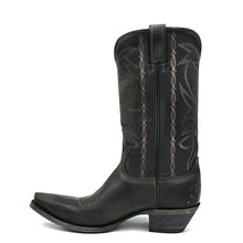 Load image into Gallery viewer, Men's Distressed Black Cowboy Boots with Fancy Bone Stitch on Shaft Bone Stitch Classic Vintage Toe Medallion 12" Height Snip Toe 1 1/2" Underslung Heel Distressed Black Sole