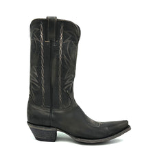 Load image into Gallery viewer, Men's Distressed Black Cowboy Boots with Fancy Bone Stitch on Shaft Bone Stitch Classic Vintage Toe Medallion 12" Height Snip Toe 1 1/2" Underslung Heel Distressed Black Sole