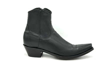 Load image into Gallery viewer, Boot Star men's short black ankle zip cowboy boots are handmade with black calfskin leather and they have a classic western toe medallion on the vamp. 7" height, snip toe and 1 1/2" heel. Black leather sole.