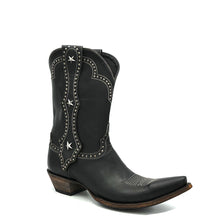 Load image into Gallery viewer, Men's handmade distressed black cowhide leather cowboy boots. White stitch. Silver studded mule ear pull-straps. Traditional western toe medallion. 11" height. Black leather lining. Snip toe. 1 1/2" western heel. Distressed black leather sole.