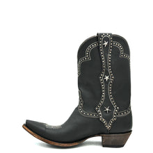 Load image into Gallery viewer, Men's handmade distressed black cowhide leather cowboy boots. White stitch. Silver studded mule ear pull-straps. Traditional western toe medallion. 11" height. Black leather lining. Snip toe. 1 1/2" western heel. Distressed black leather sole.