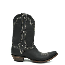 Load image into Gallery viewer, Men's handmade distressed black cowhide leather cowboy boots. White stitch. Silver studded mule ear pull-straps. Traditional western toe medallion. 11" height. Black leather lining. Snip toe. 1 1/2" western heel. Distressed black leather sole.
