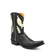 Load image into Gallery viewer, Men's Black Calfskin Cowboy Boots with Bone Vintage Style Eagle Inlay, Bone Piping, Inside Pull-Straps, 10" Height, Snip Toe 1 1/2" Heel, Black Leather Sole