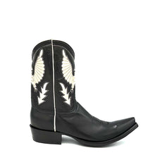Load image into Gallery viewer, Men's Black Calfskin Cowboy Boots with Bone Vintage Style Eagle Inlay, Bone Piping, Inside Pull-Straps, 10" Height, Snip Toe 1 1/2" Heel, Black Leather Sole