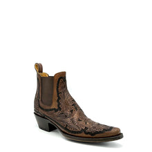 Load image into Gallery viewer, Men's Handtooled Floral Pattern Brown Ankle Cowboy Boots Tan Calf Lining Gore Side Openings 6" Height Snip Toe 1 1/2" Underslung Heel Teak Sole