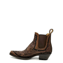 Load image into Gallery viewer, Men's Handtooled Floral Pattern Brown Ankle Cowboy Boots Tan Calf Lining Gore Side Openings 6" Height Snip Toe 1 1/2" Underslung Heel Teak Sole