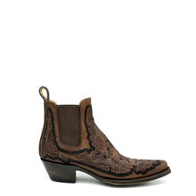 Load image into Gallery viewer, Men's Handtooled Floral Pattern Brown Ankle Cowboy Boots Tan Calf Lining Gore Side Openings 6" Height Snip Toe 1 1/2" Underslung Heel Teak Sole