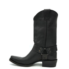 Load image into Gallery viewer, Men's Distressed Black Harness Boots with Aged Brass Hardware 12" Height 1 1/4" Toe 1 1/2" Heel Distressed Black Sole