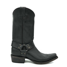 Load image into Gallery viewer, Men's Distressed Black Harness Boots with Aged Brass Hardware 12" Height 1 1/4" Toe 1 1/2" Heel Distressed Black Sole