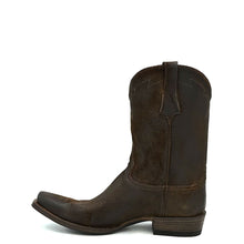 Load image into Gallery viewer, Men's handmade chocolate brown burnished cowboy boots with tan stitch. Tan leather lining, square toe, 1 1/2" heel and brown leather sole.