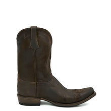 Load image into Gallery viewer, Men's handmade chocolate brown burnished cowboy boots with tan stitch. Tan leather lining, square toe, 1 1/2" heel and brown leather sole.