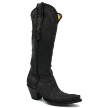 Load image into Gallery viewer, Women's black floral pattern hand-tooled cowboy boot. Supple deer tanned black leather shaft. Extra long hand-tooled pull-straps. Black braided collar, pull-straps and side seams. 16" height. Tan lining. Snip toe. 3" high fashion heel. Black leather sole.