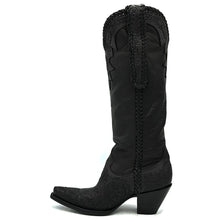 Load image into Gallery viewer, Women's black floral pattern hand-tooled cowboy boot. Supple deer tanned black leather shaft. Extra long hand-tooled pull-straps. Black braided collar, pull-straps and side seams. 16" height. Tan lining. Snip toe. 3" high fashion heel. Black leather sole.