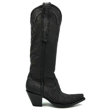 Load image into Gallery viewer, Women's black floral pattern hand-tooled cowboy boot. Supple deer tanned black leather shaft. Extra long hand-tooled pull-straps. Black braided collar, pull-straps and side seams. 16" height. Tan lining. Snip toe. 3" high fashion heel. Black leather sole.