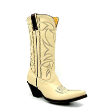 Load image into Gallery viewer, Women's handmade bone color cowhide leather cowboy boots. Chocolate stitch on tube and vamp. Chocolate leather pull-straps. Vintage style toe medallion. 12" height. Tan leather lining. Snip toe. 2 3/4" fashion heel. Teak leather sole.