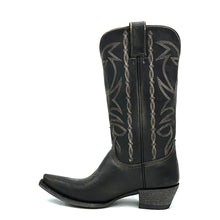 Load image into Gallery viewer, Women's Distressed Black Cowboy Boots with Fancy Bone Stitch on Shaft Bone Stitch Classic Vintage Toe Medallion 12" Height Snip Toe 1 1/2" Heel Distressed Black Sole
