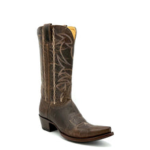 Load image into Gallery viewer, Women's handmade distressed brown cowhide leather cowboy boots. Tan stitch. Vintage style toe medallion. 12" height. Tan lining. Snip toe. 1 1/2" western heel. Brown leather sole.