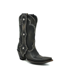 Load image into Gallery viewer, Women's Distressed Black Cowboy Boots with Silver Studs on Crown Collar and Star Studded Mule Ear Pull-Straps Black Stitched Classic Toe Medallion 11" Height Snip Toe 3" Fashion High Heel Distressed Black Leather Sole