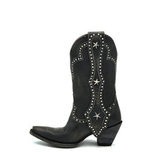 Load image into Gallery viewer, Women's Distressed Black Cowboy Boots with Silver Studs on Crown Collar and Star Studded Mule Ear Pull-Straps Black Stitched Classic Toe Medallion 11" Height Snip Toe 3" Fashion High Heel Distressed Black Leather Sole