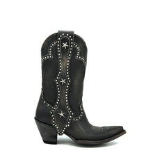 Load image into Gallery viewer, Women's Distressed Black Cowboy Boots with Silver Studs on Crown Collar and Star Studded Mule Ear Pull-Straps Black Stitched Classic Toe Medallion 11" Height Snip Toe 3" Fashion High Heel Distressed Black Leather Sole