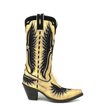 Load image into Gallery viewer, Women's handmade metallic gold and black suede cowhide leather cowboy boots. Black suede eagle inlay on vamp, tube and heel counter. Black suede collar, piping and pull-straps. 13" height. Black leather lining. Snip toe. 3" fashion high heel. Teak leather sole.