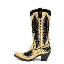 Load image into Gallery viewer, Women's handmade metallic gold and black suede cowhide leather cowboy boots. Black suede eagle inlay on vamp, tube and heel counter. Black suede collar, piping and pull-straps. 13" height. Black leather lining. Snip toe. 3" fashion high heel. Teak leather sole.