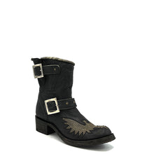 Load image into Gallery viewer, Women's distressed black engineer cowboy boots with brass studded eagle on vamp. Brass studded star strap. Nickel buckles. Tan leather lining. Bulky round toe. 1 1/2" heel. Distressed black sole finish.