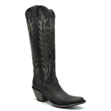Load image into Gallery viewer, Women's Distressed Black Tall Cowboy Boots Classic Western Toe Medallion Fancy Heavy Tan Stitching on Shaft 16" Height Pointy Round Toe 3" Fashion High Heel Distressed Black Sole