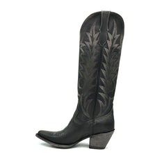Load image into Gallery viewer, Women's Distressed Black Tall Cowboy Boots Classic Western Toe Medallion Fancy Heavy Tan Stitching on Shaft 16" Height Pointy Round Toe 3" Fashion High Heel Distressed Black Sole