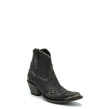 Load image into Gallery viewer, Women's Distressed Black Short Cowboy Boots Distressed Black Wingtip Overlay and Heel Counter Overlay Antique Metal Toe Rand Inside Zipper 7" Height Pointy Round Toe 3" Fashion High Heel Distressed Black Sole