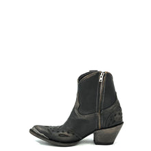 Load image into Gallery viewer, Women's Distressed Black Short Cowboy Boots Distressed Black Wingtip Overlay and Heel Counter Overlay Antique Metal Toe Rand Inside Zipper 7" Height Pointy Round Toe 3" Fashion High Heel Distressed Black Sole