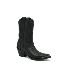 Load image into Gallery viewer, Women's Short Black Cowboy Boots Black Flame Stitch on Vamp with Black Stitch Classic Toe Medallion Black Fancy Western Stitch Pattern on Shaft Antique Metal Toe Rand 10" Height Pointy Round Toe 3" Fashion High Heel Black Sole