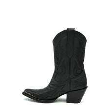Load image into Gallery viewer, Women's Short Black Cowboy Boots Black Flame Stitch on Vamp with Black Stitch Classic Toe Medallion Black Fancy Western Stitch Pattern on Shaft Antique Metal Toe Rand 10" Height Pointy Round Toe 3" Fashion High Heel Black Sole