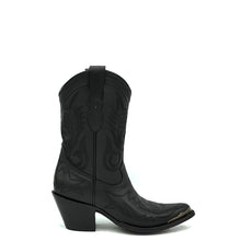 Load image into Gallery viewer, Women's Short Black Cowboy Boots Black Flame Stitch on Vamp with Black Stitch Classic Toe Medallion Black Fancy Western Stitch Pattern on Shaft Antique Metal Toe Rand 10" Height Pointy Round Toe 3" Fashion High Heel Black Sole