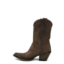 Load image into Gallery viewer, Women's Short Brown Cowboy Boots Brown Flame Stitch on Vamp with Brown Stitch Classic Toe Medallion Brown Fancy Western Stitch Pattern on Shaft Antique Metal Toe Rand 10" Height Pointy Round Toe 3" Fashion High Heel Teak Sole